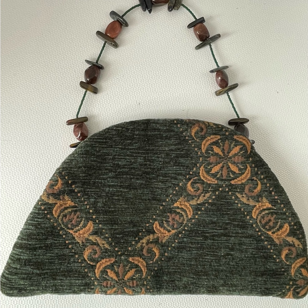 Artisan Green and Brown Clutch with Beaded Handle